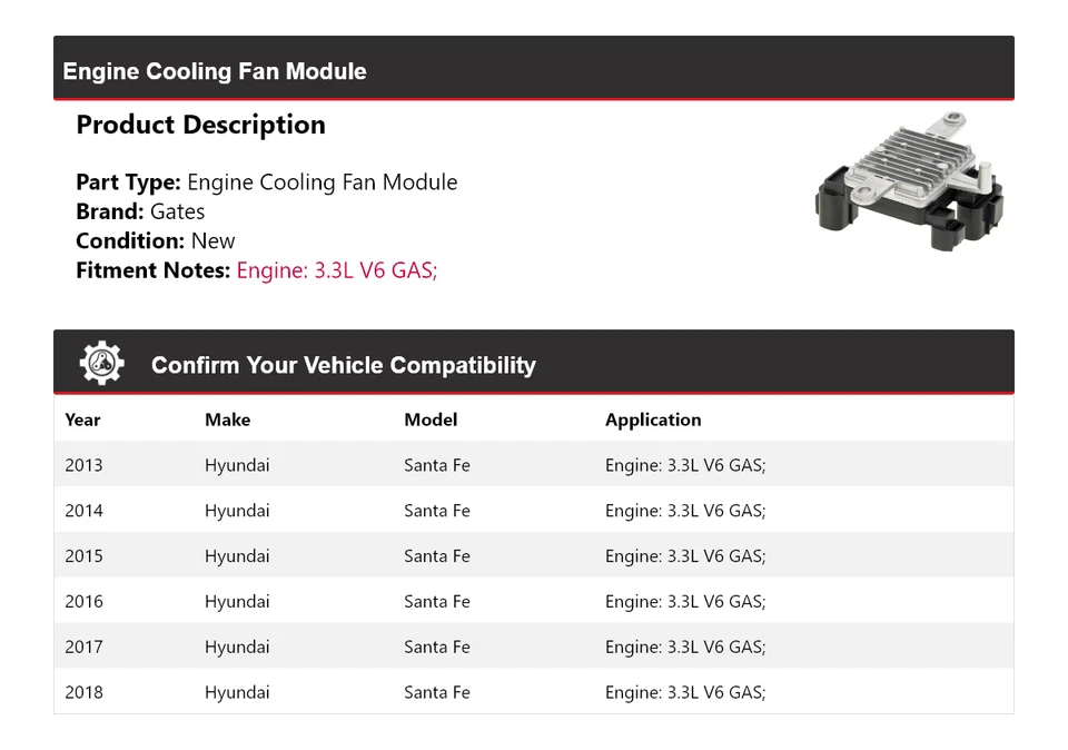 For 2013-2018 Hyundai Santa Fe 3.3L V6 GAS Engine Cooling Fan Module Gates 2014 - Image 2 of 4