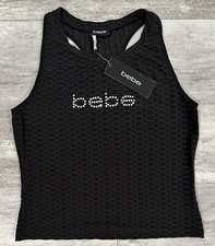 Bebe Ribbed Rhinestone Bling Logo Tank Top Stretchy Jet Black Size Large NEW