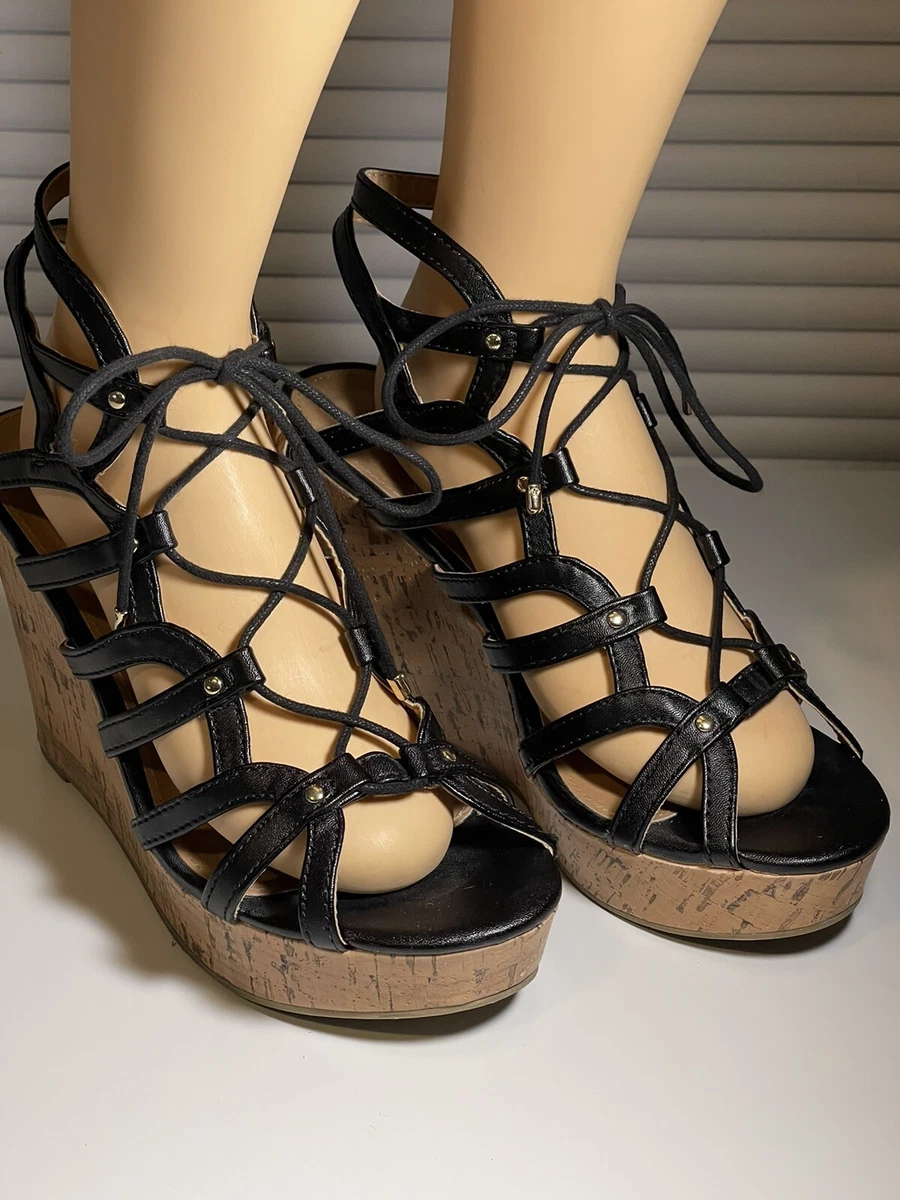 Brash Lace Up Wedge Sandals Black Size 7.5