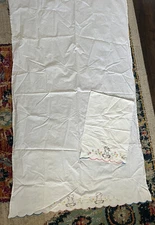 Vintage Teddy Bear Embroidered Crib Flat Sheet & Pillowcase Set White Pink Blue