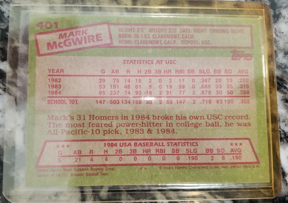 Mark McGwire USA Olympic Card