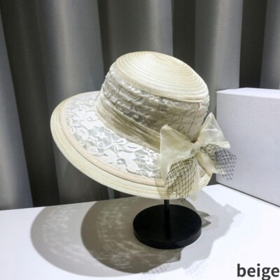 Elegant Lady Lace Cap Fisherman Hat Retro Wide Brim Mesh Bow Party Evening  Hat