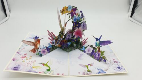 3D Pop Up Karte Blumen Kolibri Lila Geburtstag Freundschaft - Bild 2 von 3