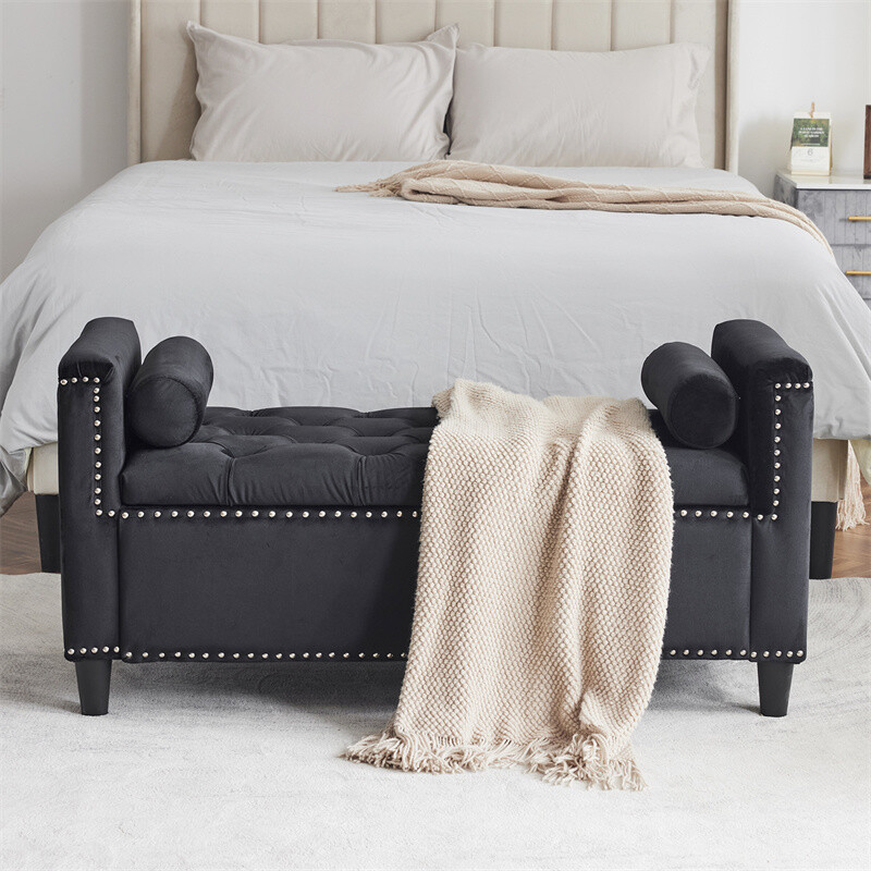  Queen Velvet Upholstered End of Bed Bench Storage Ottoman Seat w/Nailhead Trim