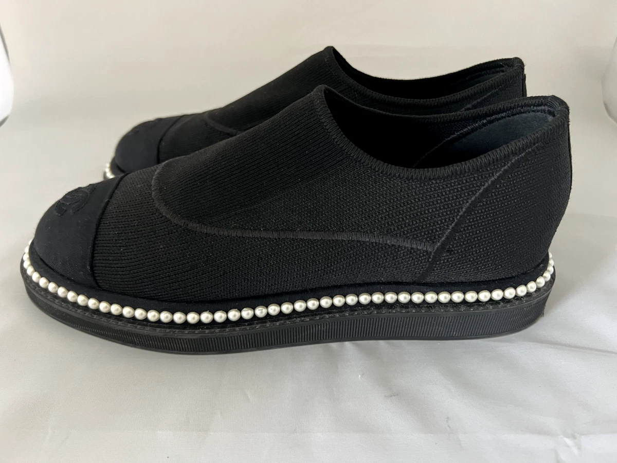 CHANEL COCO CC Black Knit Pearl Detail Slide Shoes/ Sneakers. 39.5