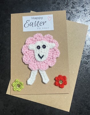     NEU Süße handgehäkelte Oster Lamm Karte & Umschlag Schaf Blume Pailletten
