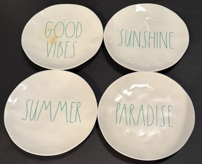 4 Rae Dunn 8  Lunch Plates with Teal Imprint  Sunshine,Summer,Paradise,GoodVibes