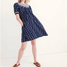 Madewell Embroidered Puff-Sleeve Babydoll Dress in Indigo Plaid navy blue