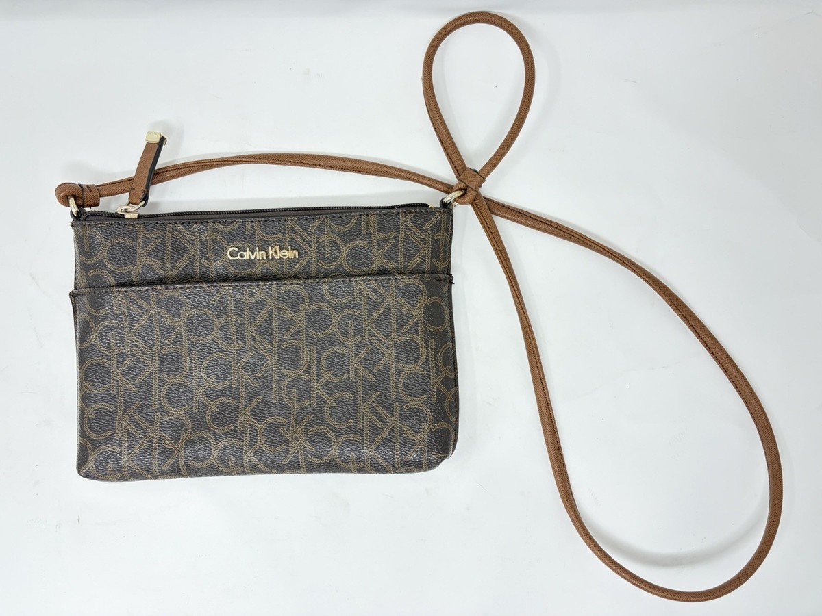 Calvin Klein CK Monogram Crossbody Bag Brown Logo Canvas Tan  display picture 3