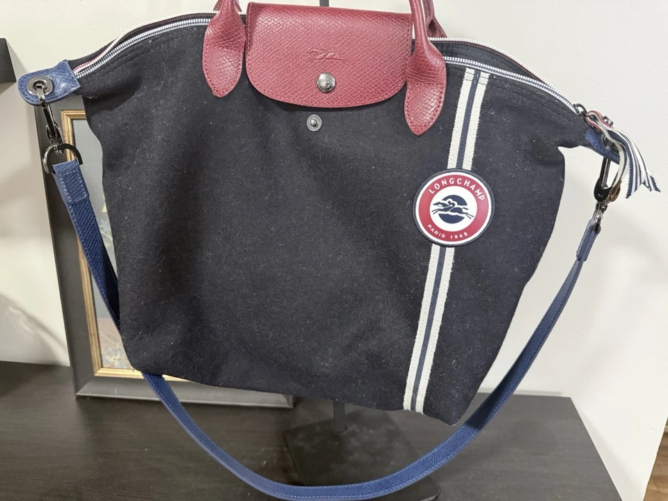 Longchamp Le Pliage Women Flannel Zip Tote Shoulder Crossbody Bag Navy Red - Image 4 of 4