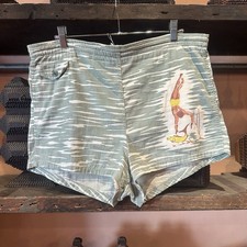 1950s Novelty Print Swim Shorts Spearfisher Green 35 Waist Trunks McGregor VTG