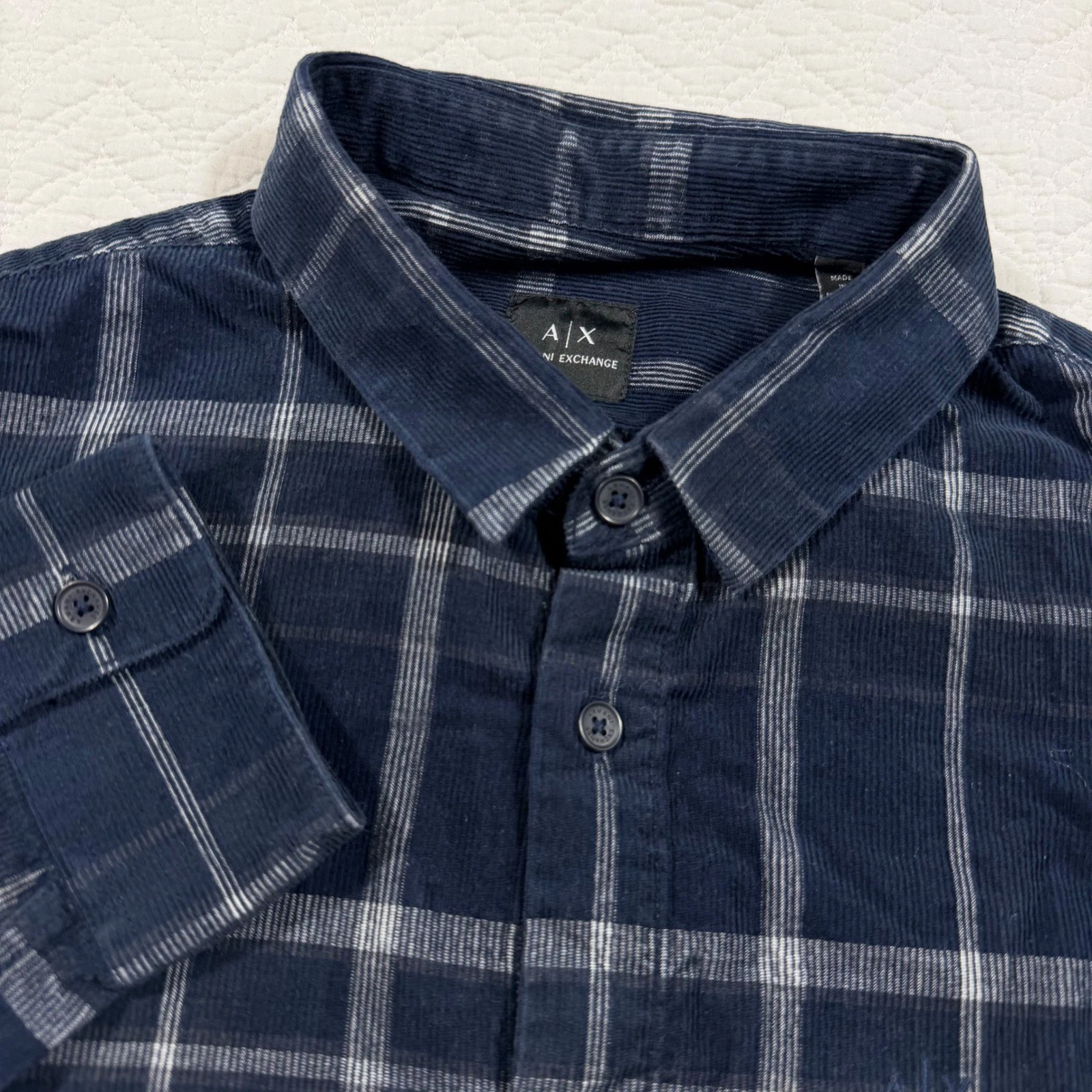 Armani Exchange Corduroy Men's Shirt Size M Regular Fit Navy Paid Long Sleeve