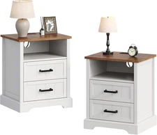 Farmhouse Night Stands with Charging Station, Wood Nightstand Set of 2 with 2 Dr