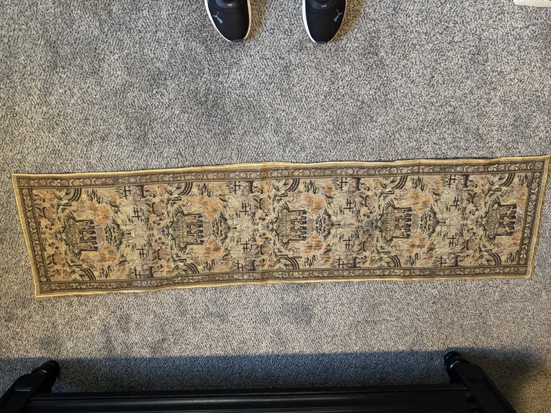 Vintage narrow runner-style rug or tapestry with ornate embroidery Asian Motif