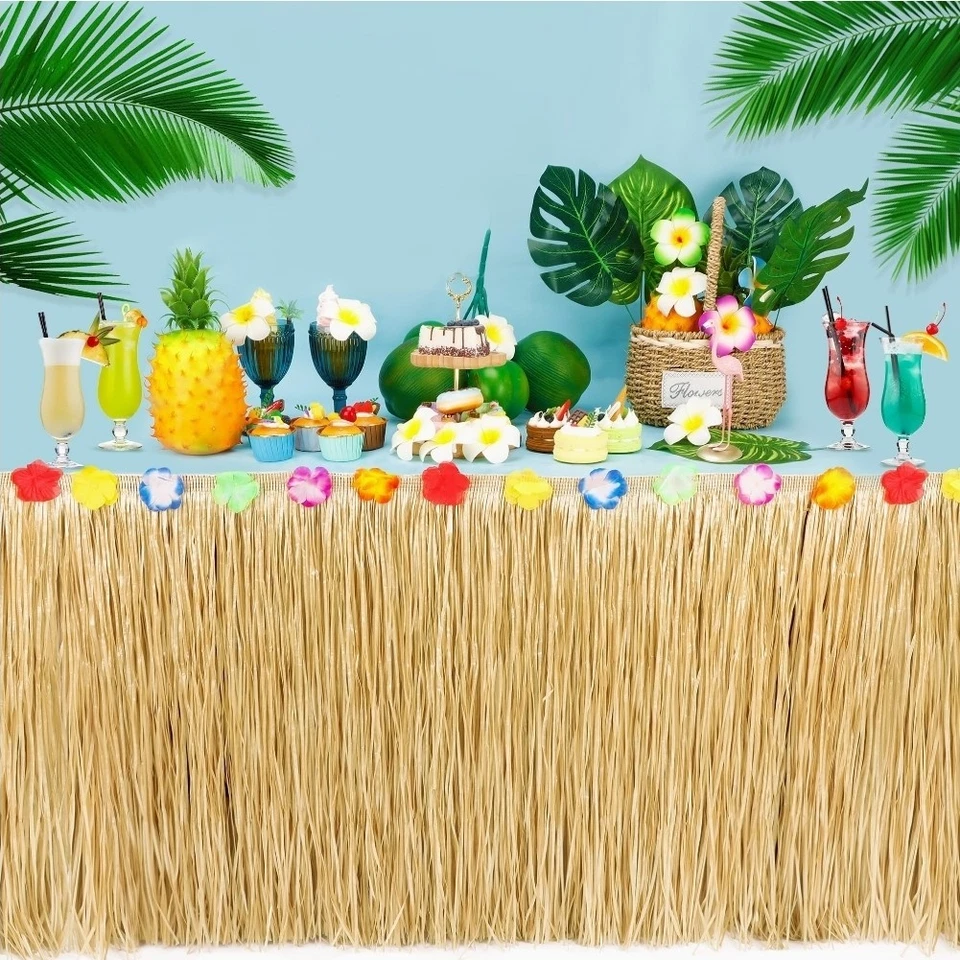 16 Pack Luau Party Decorations, Hawaiian Grass Table Skirt, Flower 108 X 29.5" - Image 2 of 4
