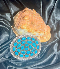 Native American Navajo Turquoise Cluster Sterling Silver Belt Buckle