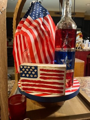 Handmade Textured American Flag Wood Block Decor, Patriotic Shelf Art, USA Gift