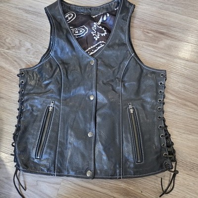 Xelement Black Leather Motorcycle Vest Womens Snap Buttons Lace-Up Size S Lined