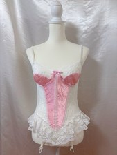 Vintage 80s Lace Pink White Lingerie Teddy Nightgown Romper Bodysuit USA Kawaii