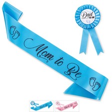 Baby Shower Sash Button Pin Boy Mom To Be Dad To Be Blue Ribbon Glitter