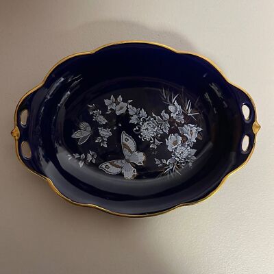 Arpo Romania Butterfly Porcelain Hand Painted Cobalt Blue Dish 10'' Plate Candy