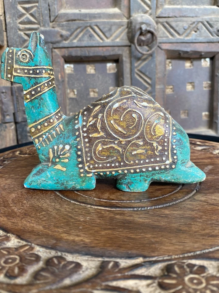 Vintage Rajasthan Handcrafted Wooden Sky Blue Camel Decorative Figurine Statue - Image 2 of 4