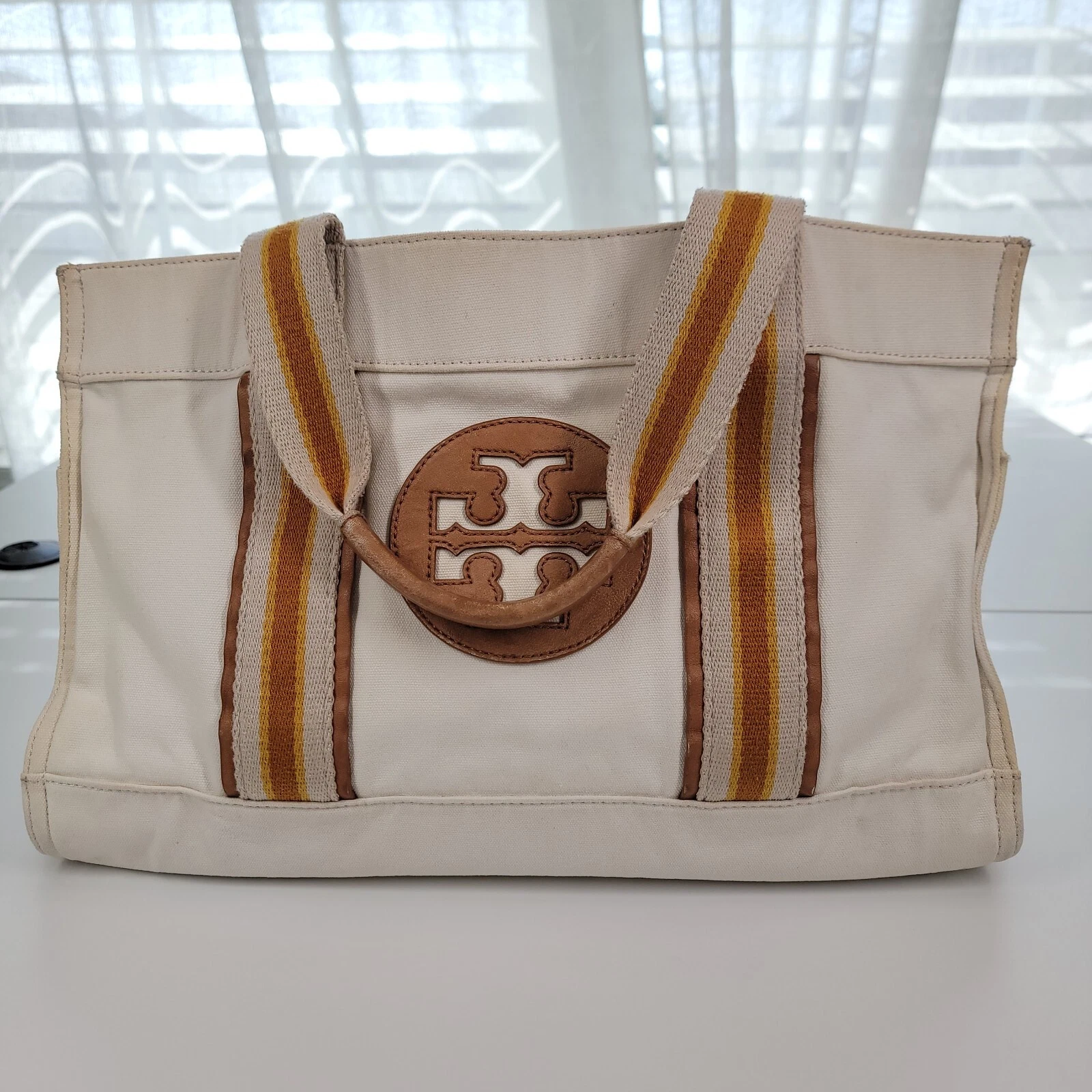 Borsa Tory Burch tela panna giallo marrone manico superiore borsa righe neutra