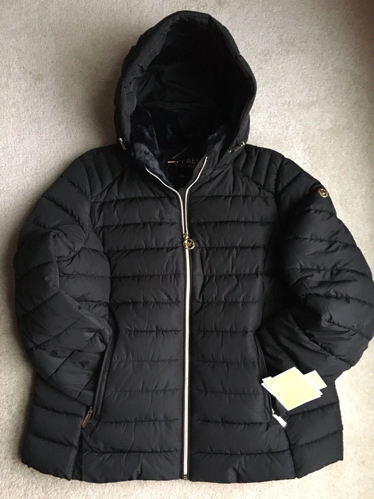 Michael Kors Giacca Cappotto Donna Cappuccio Rimovibile Tampone Nero XL