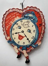 ANTHROPOMORPHIC CLOCK w RED HEART * Glitter VALENTINE ORNAMENT * Vtg Img