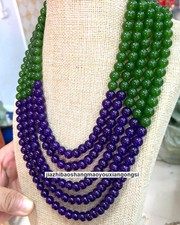 5 Row Natural Green Purple Nephrite jade Round Beads Necklace 8mm