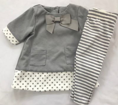 Lilly Wicket Size 3-6 Months Gray Bow Polka-dot Dress Stripe Leggings Outfit Set
