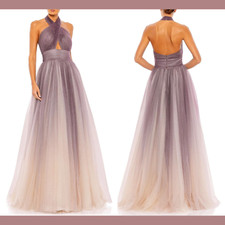 NWT $398 Mac Duggal [ 14 ] Glitter Halter Neck Ball Gown in Charcoal Ombre G1451