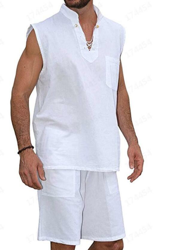 専用3 2pc Set Men Cotton Linen Sleeveless Muscle Top Blouse+shorts Lace