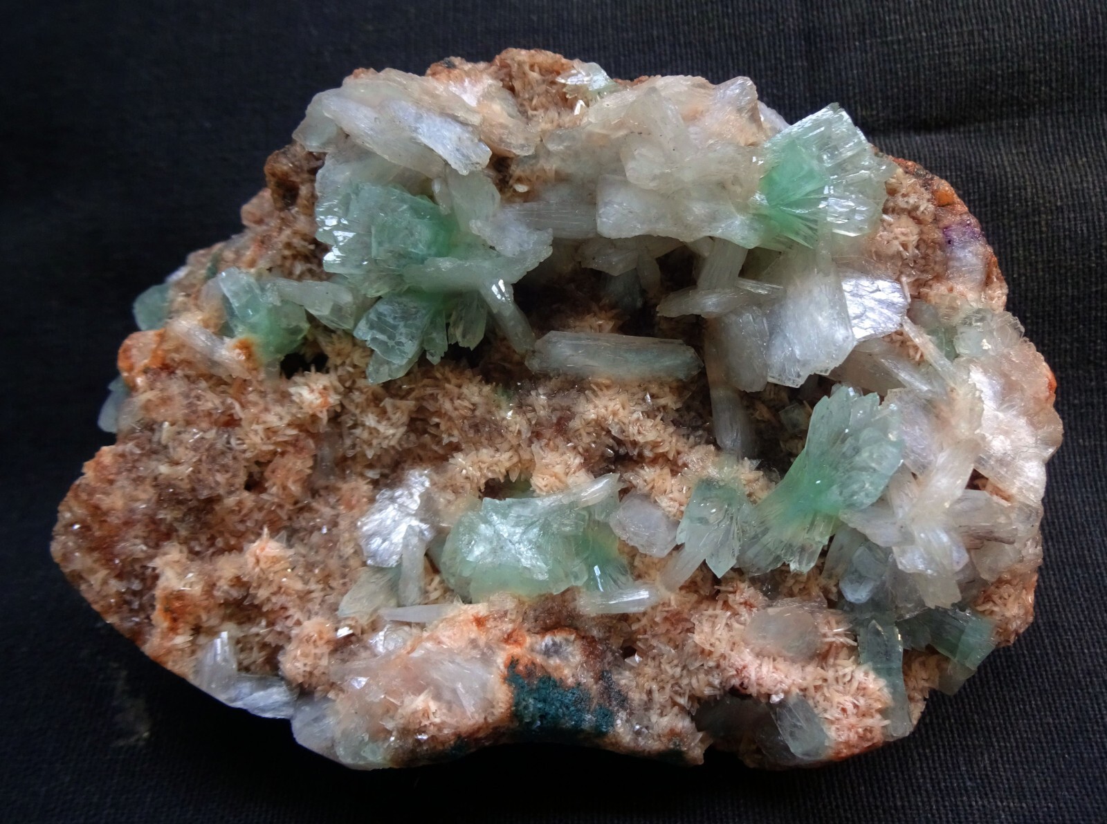Green Apophyllite Crystals W/ Stilbite Bleds On Pink Heulandite Matrix Minerals
