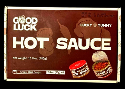 Good Luck Hot Sauce Crispy Black Fungus 6 x 2.8 oz Can 2 Reusable Lids Spicy
