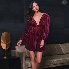 Gianni Bini Mariah Dress 3/4 Sleeve Plunging V-Neck Burgundy Velvet A-Line NWT 4