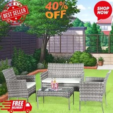 4-Piece Grey Rattan Garden Set Sofa Chairs Glass Table Outdoor Furniture