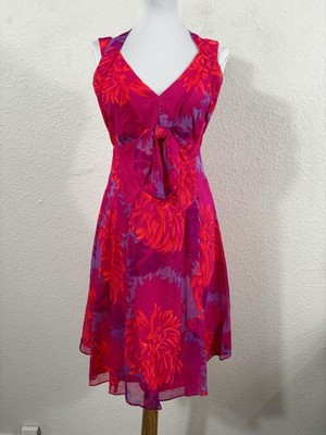 Nanette Lepore Dress Womens 4 Pink Hibiscus Multi Corsage Silk Halter Floral