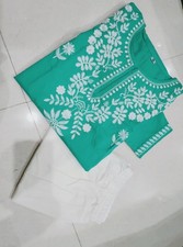 Women s Green Cotton Straight Kurta Pant Set with White Floral Embroidery