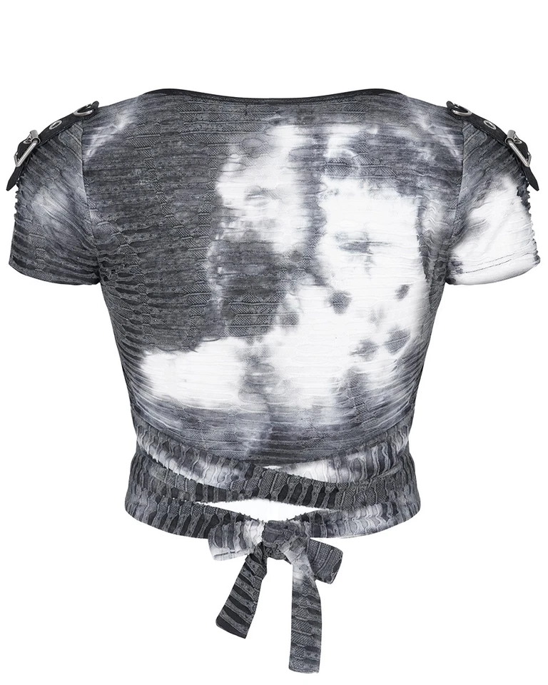 Punk Rave Camiseta Corta Apocalíptica Goth Punk Gris Tie Dye Desgarrada - Imagen 2 de 4
