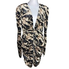 Velvet Mocha Black Small Abstract Animal Print Ruched V Neck Hip Hop Dress