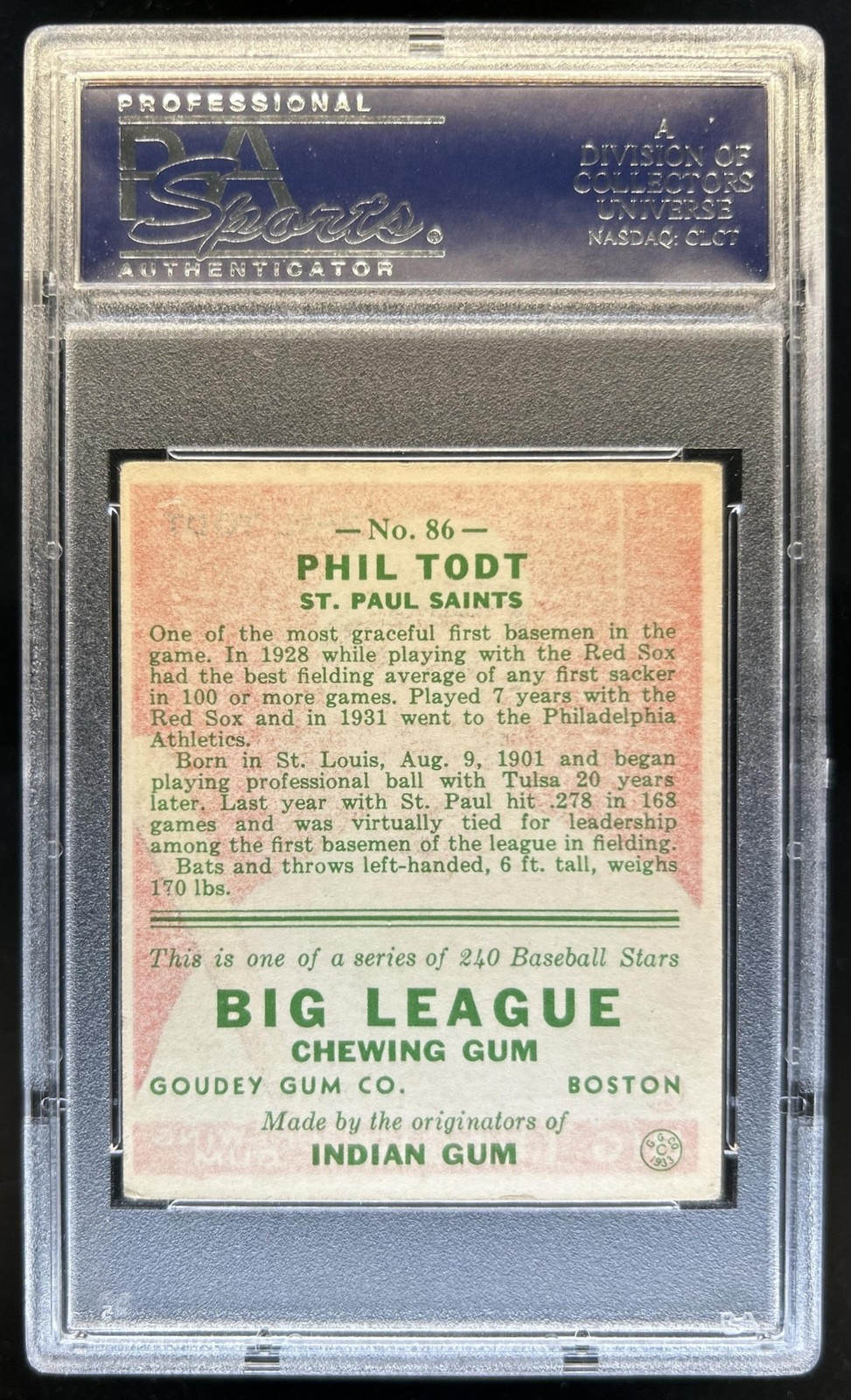 1933 Goudey R319 Phil Todt Rookie RC #86 PSA 4 view 2