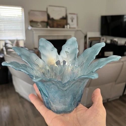 Vintage Lavorazione Arte Murano Teal Blue Art Glass Flower Candy / Candle Holder