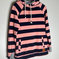 Ampersand Ave Women  s Double Hood Hoodie Terry Pullover Pink/Navy Stripe Size M