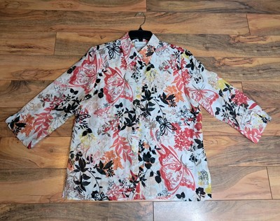 Alfred Dunner Womens Semi Sheer Button Up Shirt Slits Size 8P Floral Butterfly 
