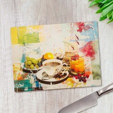 Retro Morning Breakfast Glass Chopping Board Large Kitchen Worktop Saver