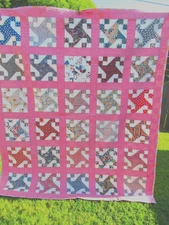 VTG 72X84 PINK MULTICOLOR FEED SACK FABRIC WHIRLY GIG COTTON QUILT UNUSED ESTATE