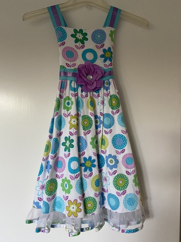 RARE EDITIONS Girls 6X White Lace & Floral Print Summer Lined Dress 97% cotton