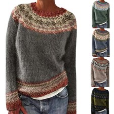 Women Fair Isle Knitted Sweater Vintage Long ...