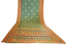 FNC Vintage Saree Indian Green Woven Ikat Blend Silk Sari Craft Fabric 5YD